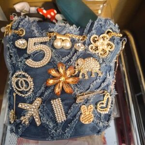 Embellished Denim Crossbody Bag with Gold Accents